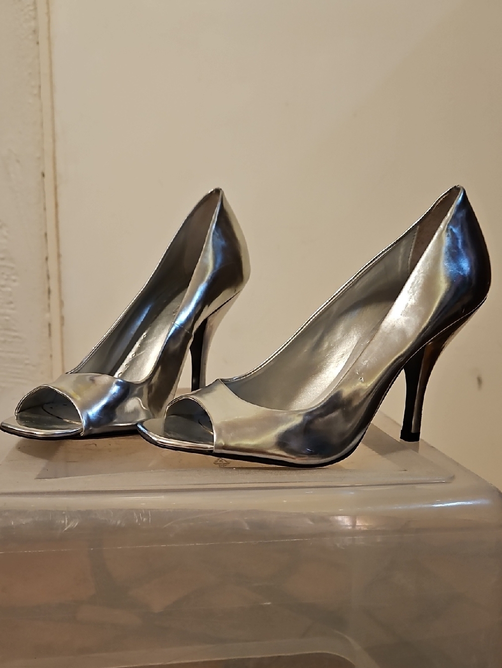 BCBGirls Metallic Silver Peep-Toe Stiletto Heels